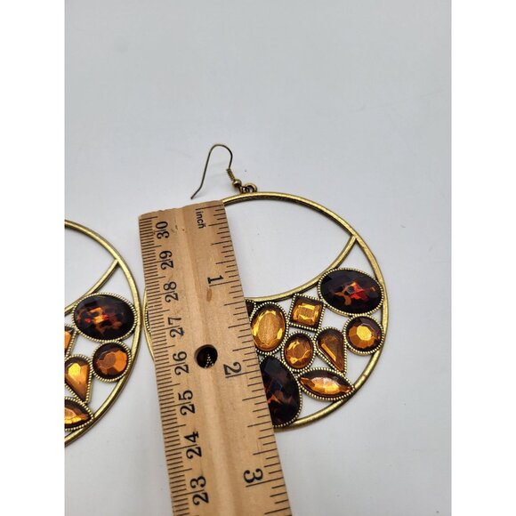 VTG Leopard Amber Honey Gold Tone Huge Hoop Dangle Earrings Costume Runway - Picture 5 of 9